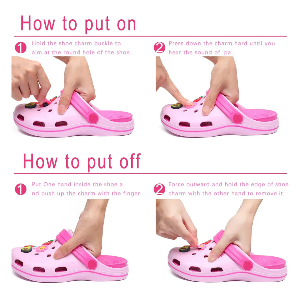 Pink pvc children’s clog sandals featuring colorful travel shoe charm buckles for decorative accessories
