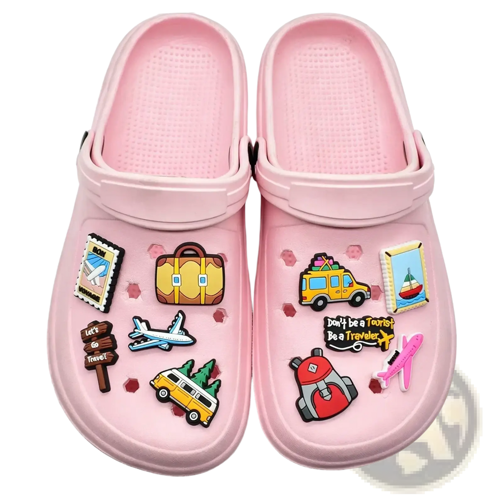 Pink pvc rubber clogs decorated with colorful travel shoe charms for clog decorations accessories
