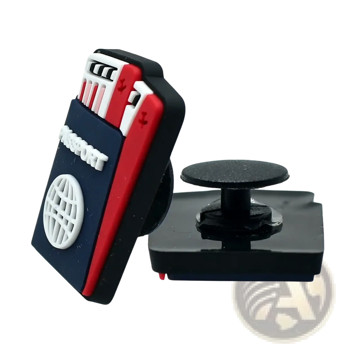 Red and navy blue silicone travel shoe charm shaped like a passport with white embossed text and globe design