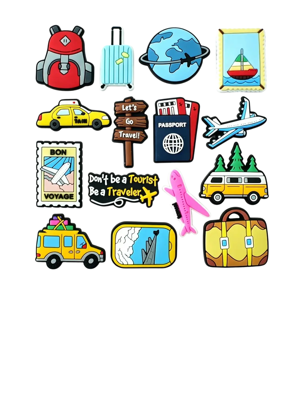 Travel-themed silicone pvc shoe charms in assorted colors including backpack, suitcase, airplane, and globe designs