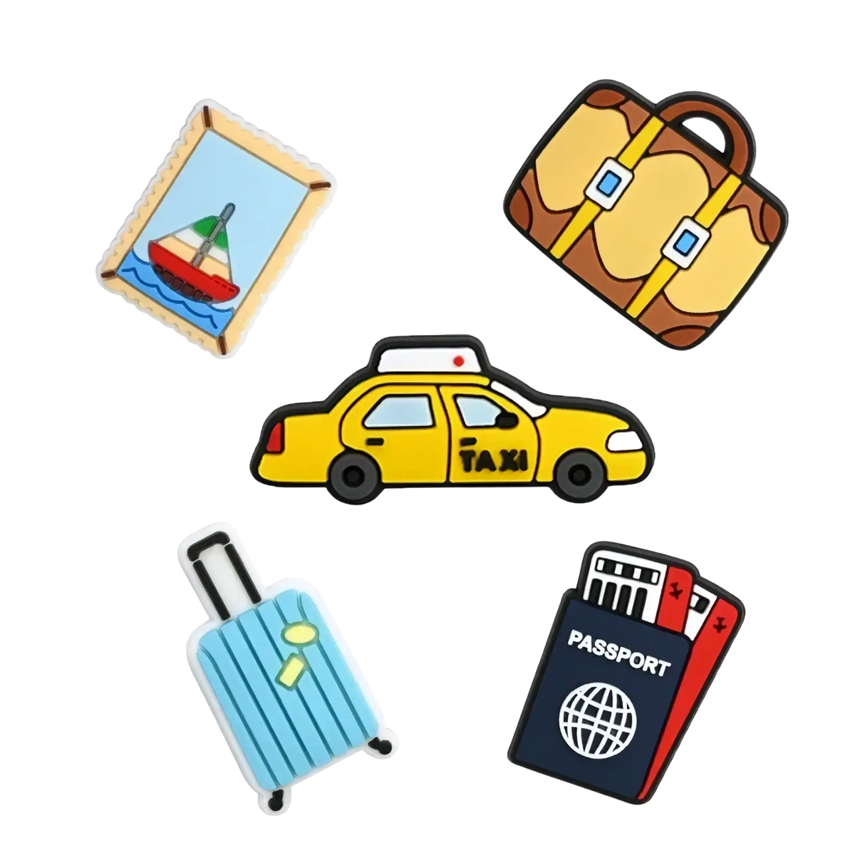 Yellow PVC travel shoe charm in the shape of a taxi with black wheels and taxi lettering for clog decoration