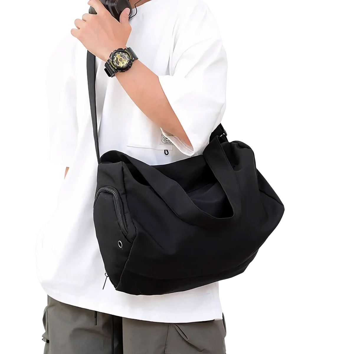 Black lightweight nylon travel tote bag with sleek minimalist design and dual carrying handles for shoulder use