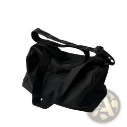 Black lightweight nylon travel tote bag with adjustable shoulder strap and front zipper pocket for convenient carrying