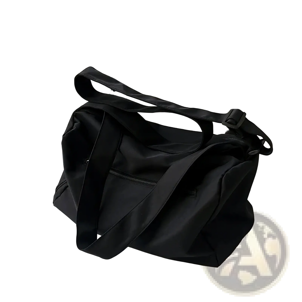 Black lightweight nylon travel tote bag with adjustable shoulder strap and front zipper pocket for convenient carrying