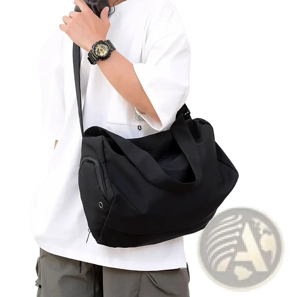 Black lightweight nylon travel tote bag with sleek minimalist design and dual carrying handles for shoulder use