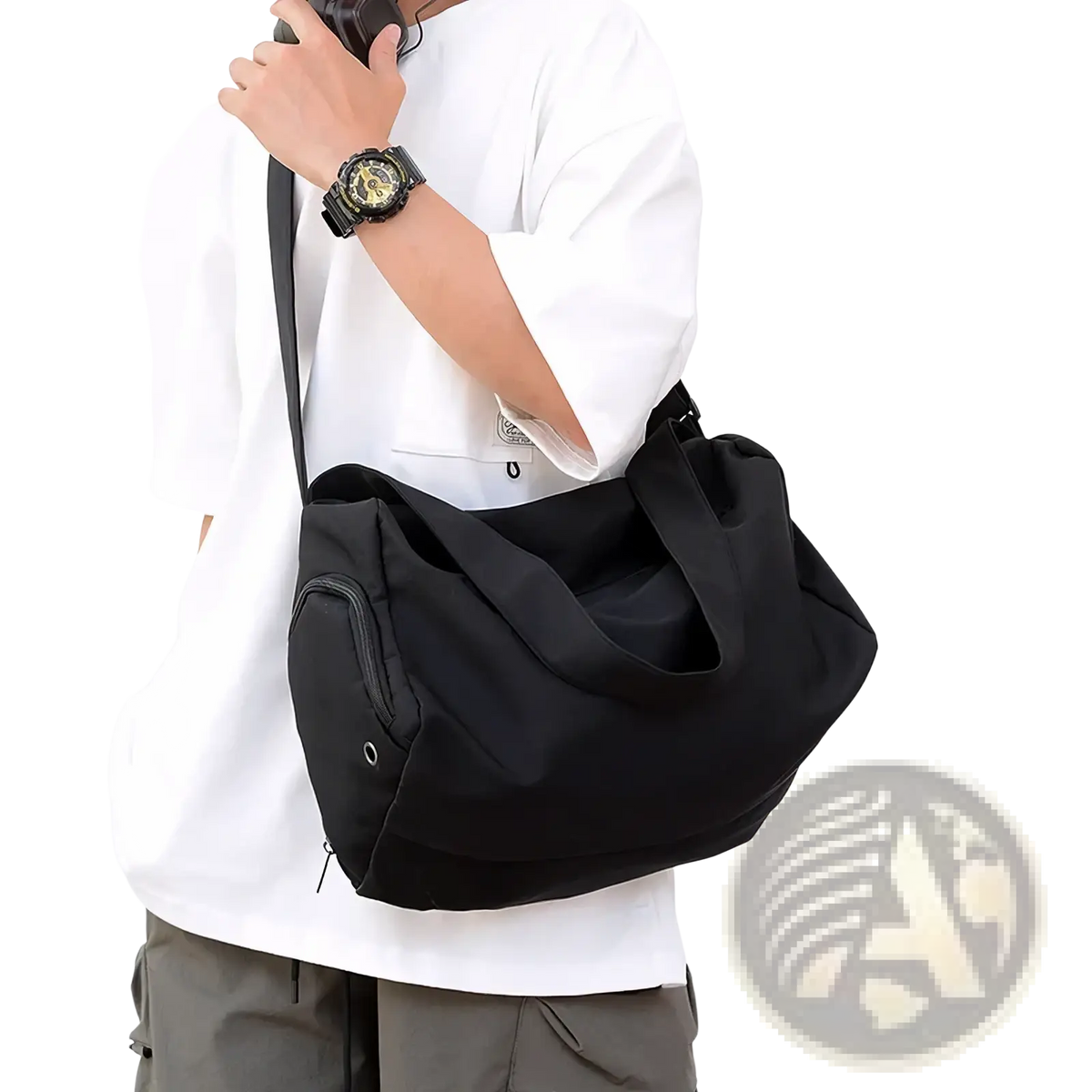 Black lightweight nylon travel tote bag with sleek minimalist design and dual carrying handles for shoulder use