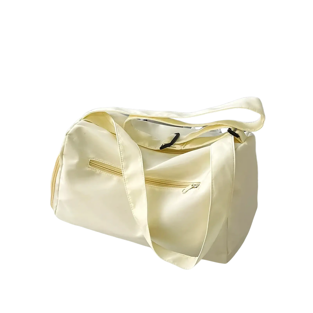 Cream-colored lightweight nylon travel tote bag with gold-tone zippers and adjustable shoulder strap