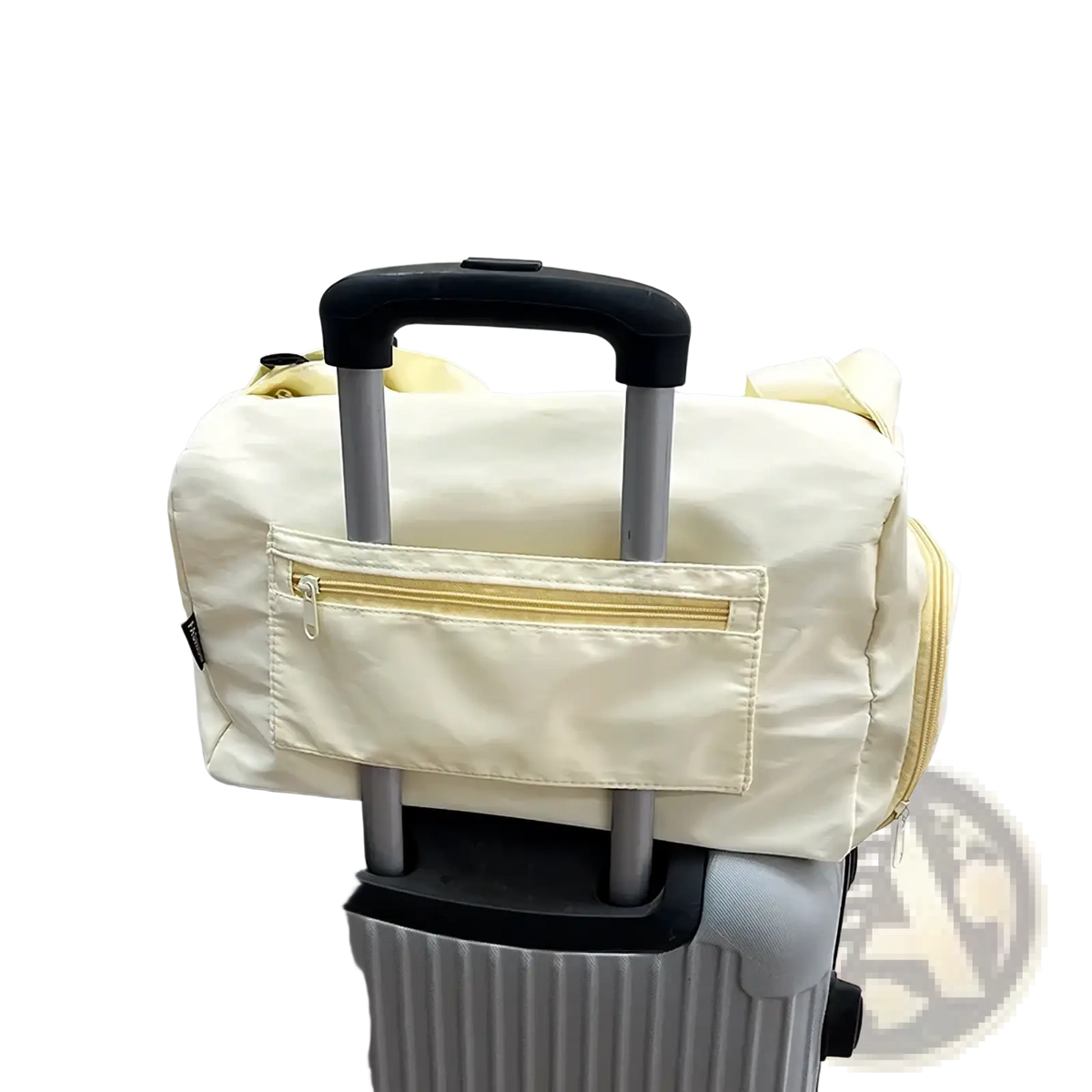 Cream-colored lightweight nylon travel tote bag with front zippered pocket and matching yellow zipper pulls