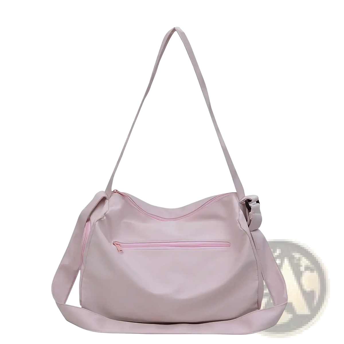 A soft blush pink lightweight nylon shoulder travel tote bag with matching zipper and adjustable strap