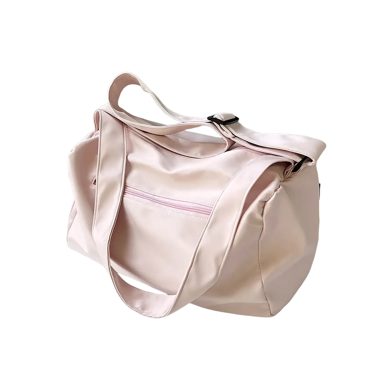 A soft pink nylon travel tote bag with a lightweight design and adjustable shoulder strap for convenient carrying