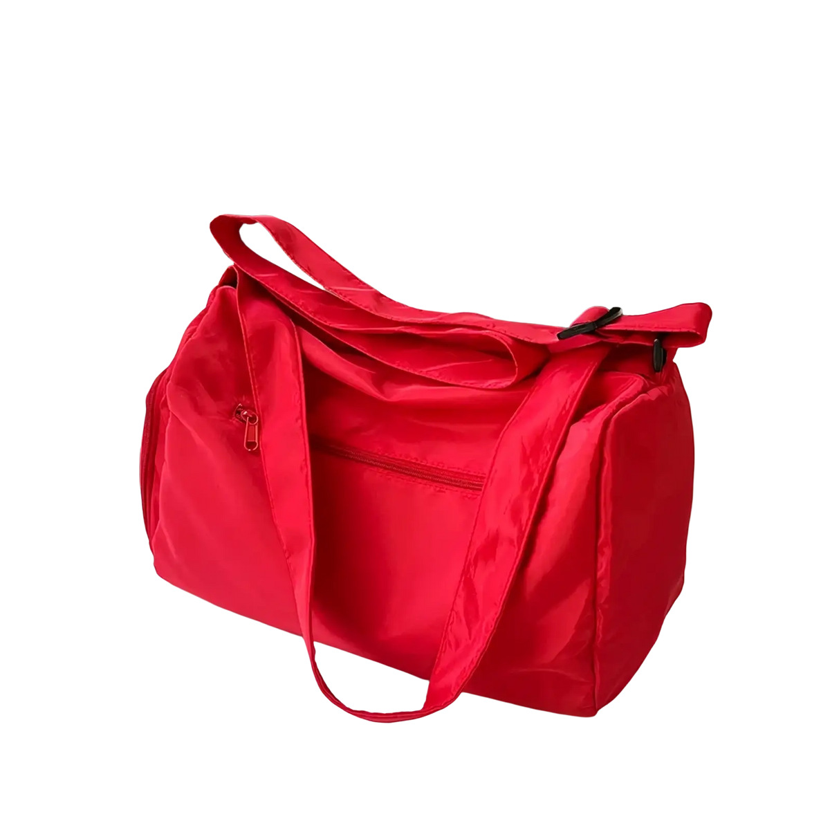 Vibrant red lightweight nylon travel tote bag with adjustable shoulder strap and front zipper pocket for easy carrying