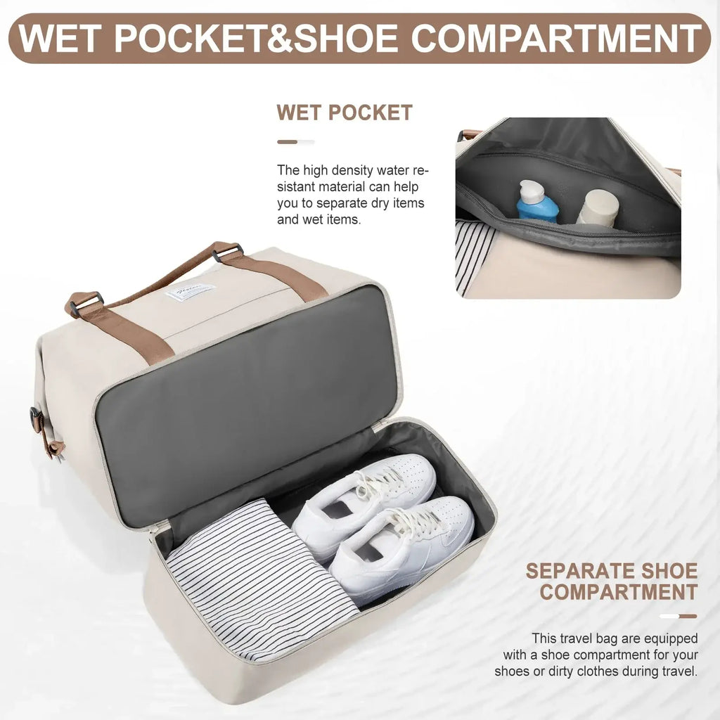 Beige and gray travel tote bag with brown leather straps and wet pocket compartment for keeping items dry