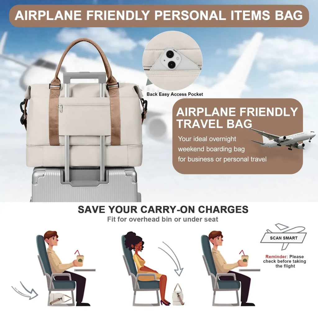 Beige and tan fabric travel tote bag with retractable handle and shoe compartment designed for airplane carry-on use