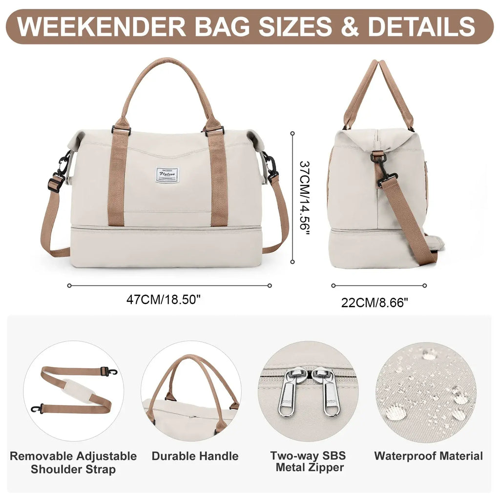 Beige and tan travel tote bag with shoe compartment durable fabric adjustable strap two-way metal zipper waterproof material