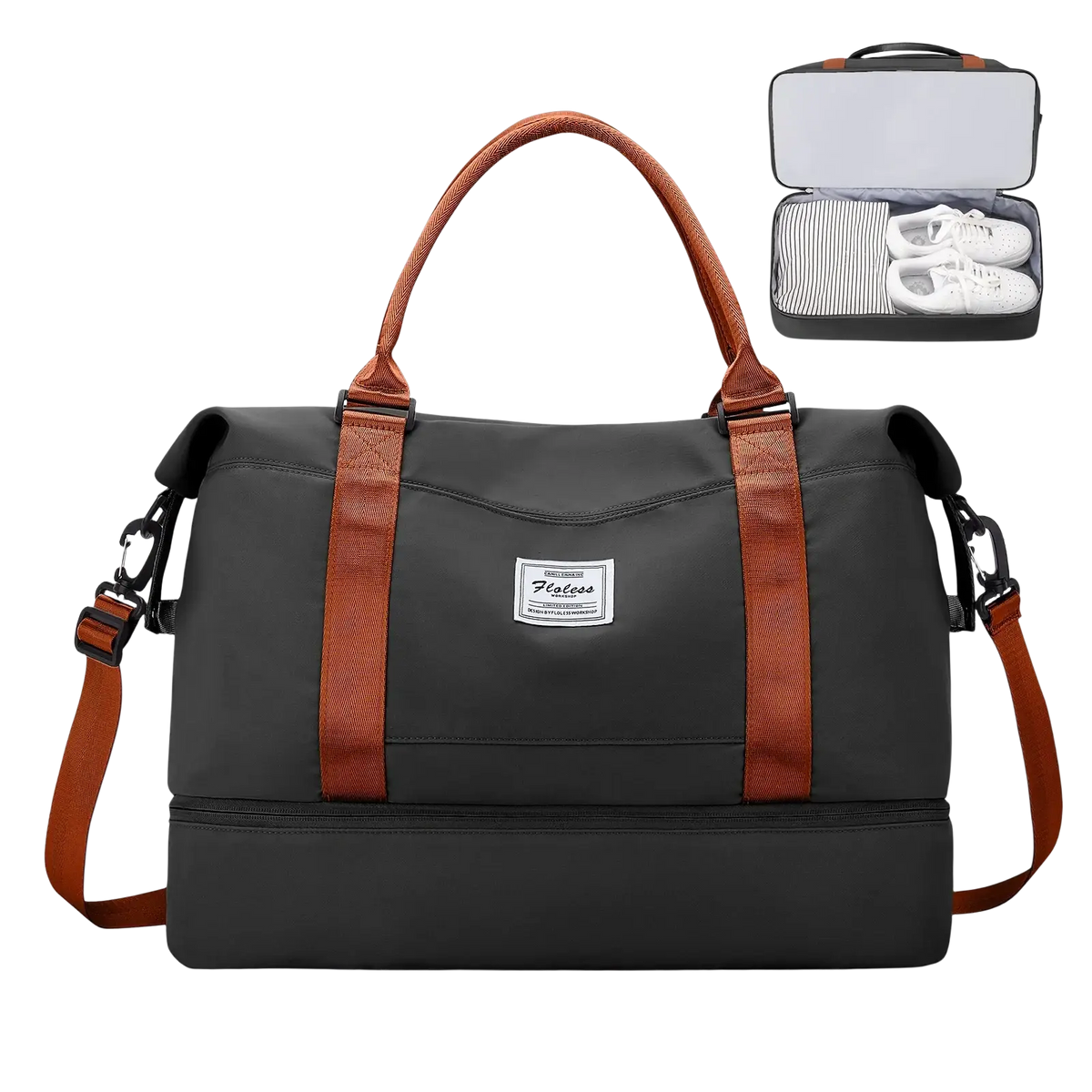 Black and brown travel tote bag with shoe compartment featuring leather-like handles and straps for convenient travel