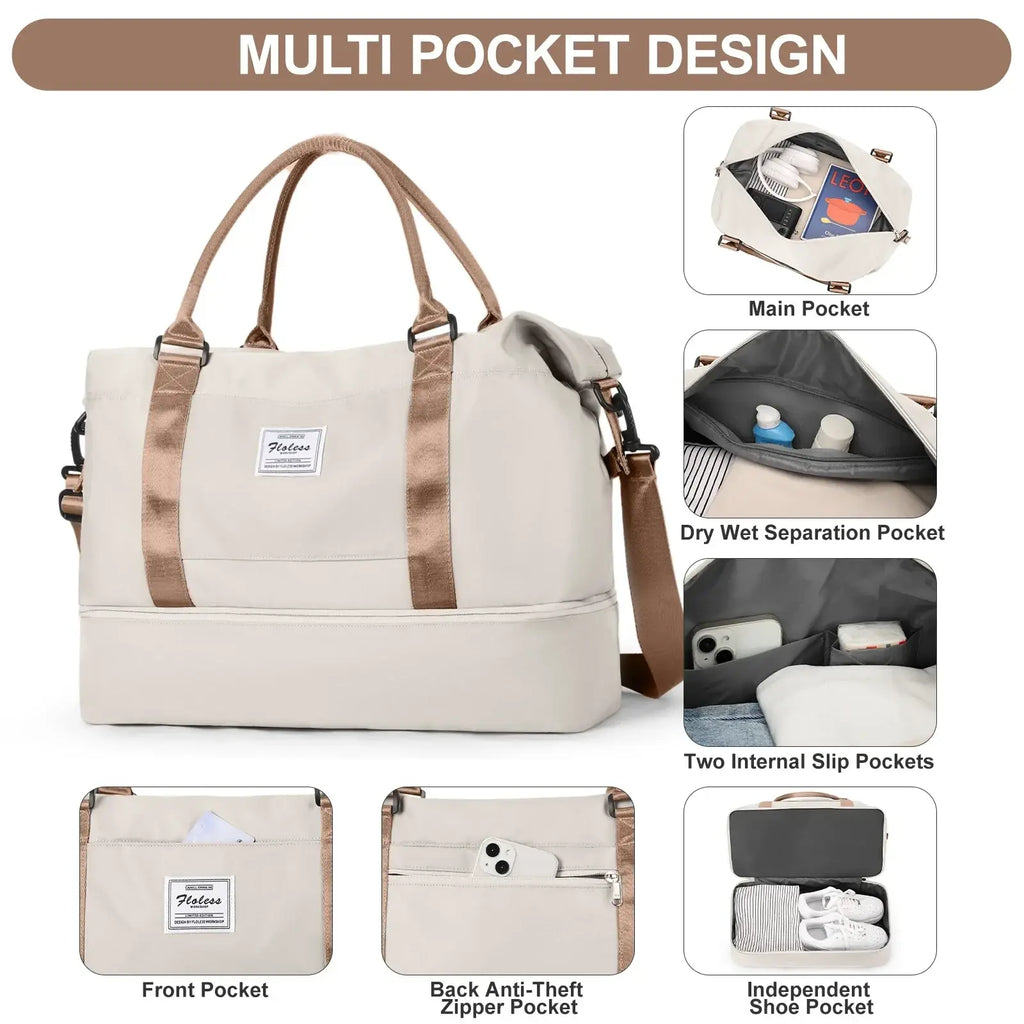 Cream-colored canvas travel tote bag with shoe compartment and bronze-toned handles and straps