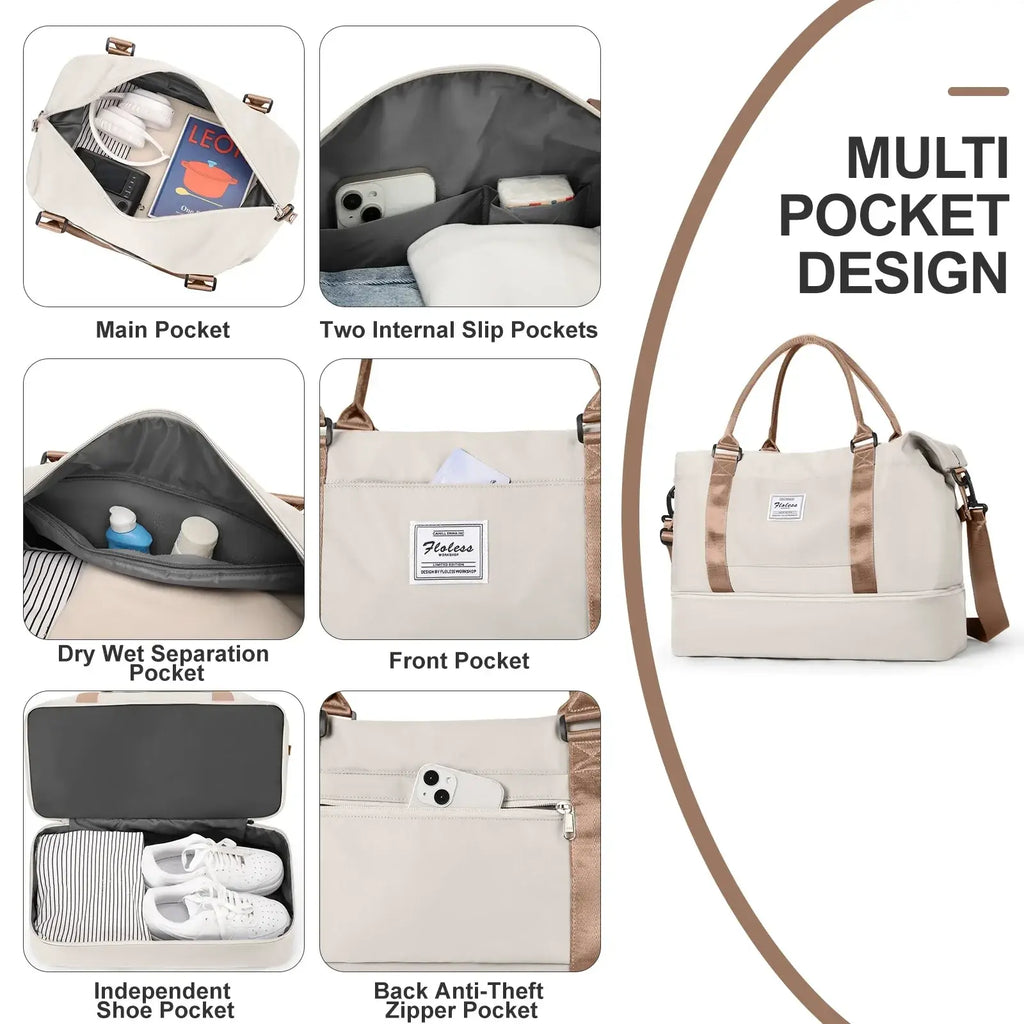 Cream-colored canvas travel tote bag with tan leather trim and handles featuring a front pocket and shoe compartment