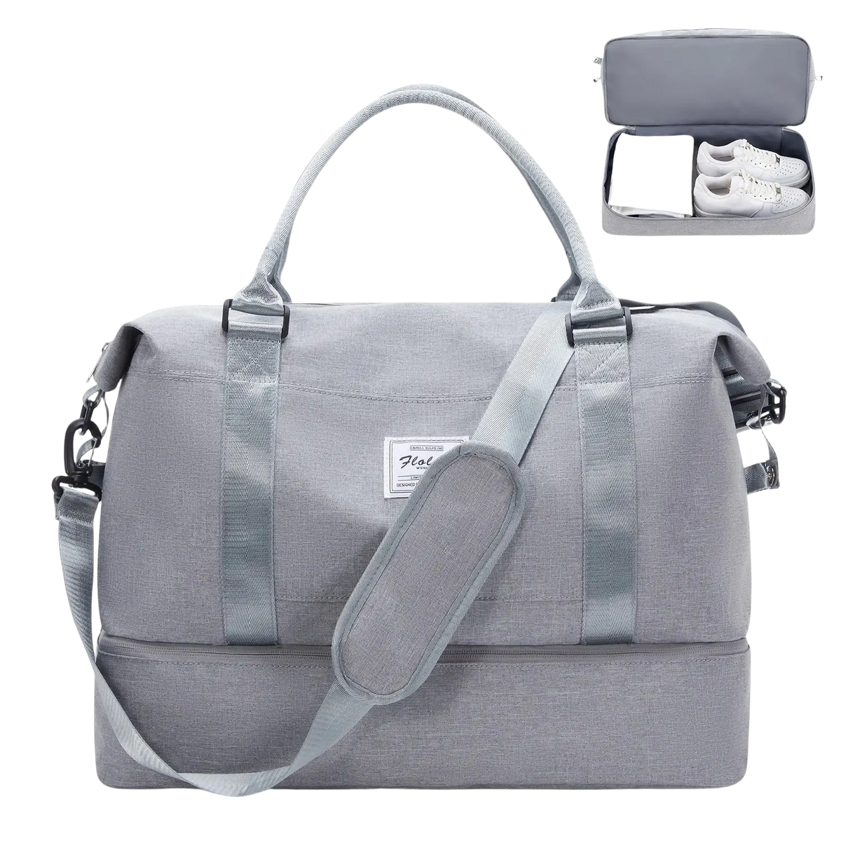 Gray textured fabric travel tote bag with matching shoulder strap and top handles featuring shoe compartment