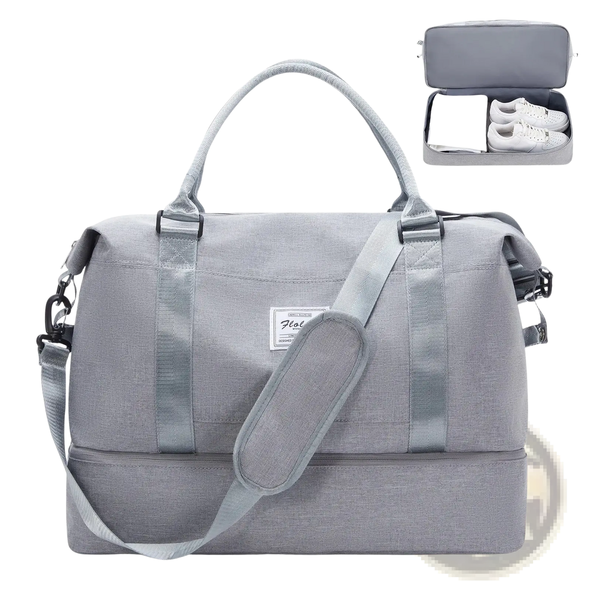 Gray textured fabric travel tote bag with matching shoulder strap and top handles featuring shoe compartment