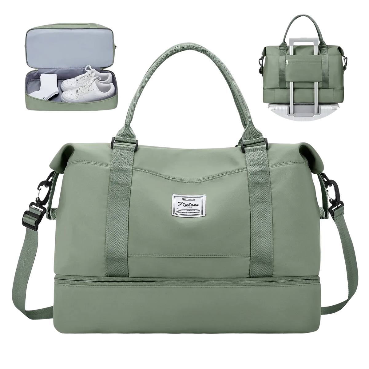 Travel tote bag with shoe compartment made of olive green durable fabric featuring adjustable shoulder strap and top handles