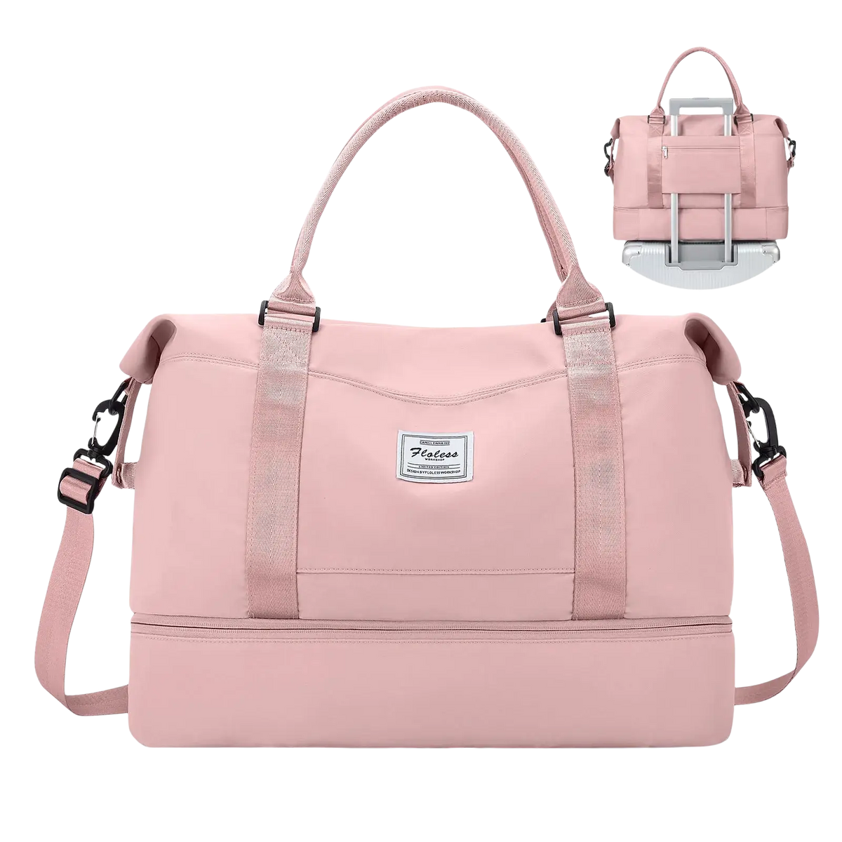 Pink flalees travel tote bag with shoe compartment featuring adjustable shoulder strap and retractable handle