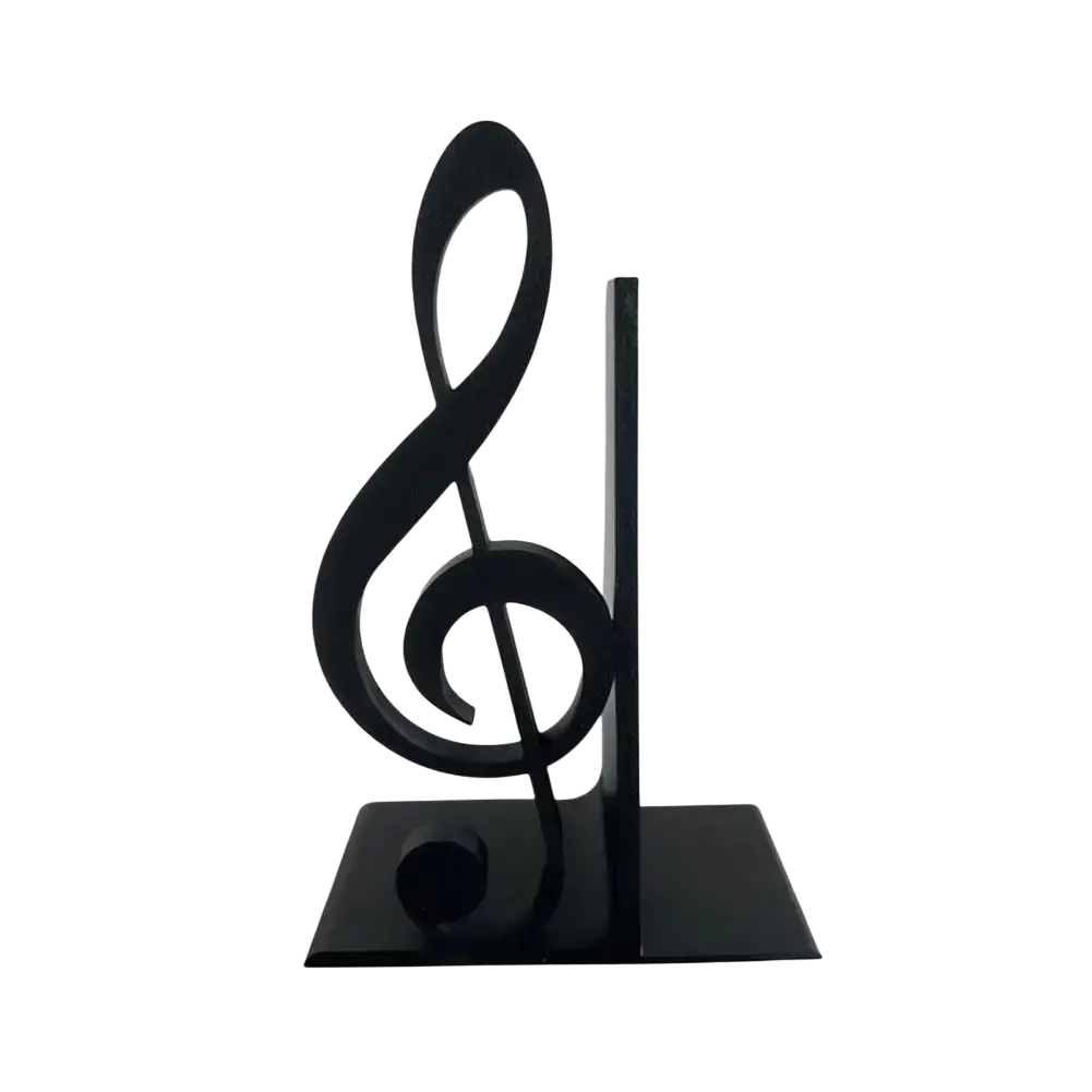 Black metal 3d printed treble clef bookend for music decor and book organization