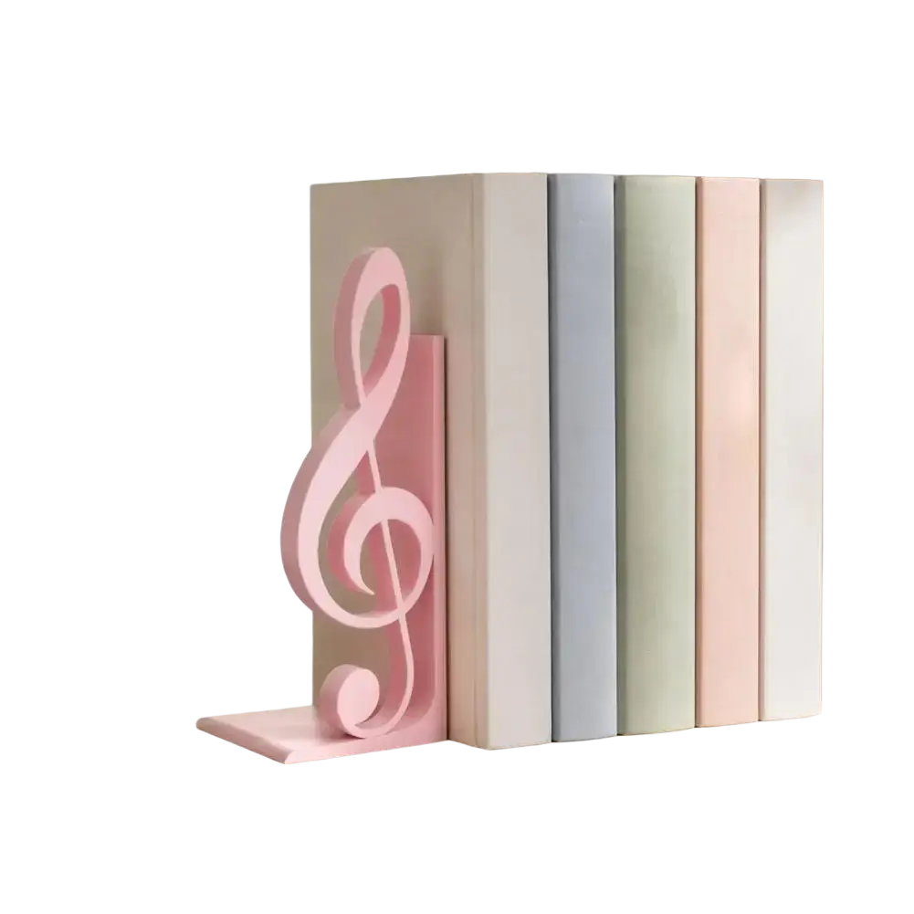Pink plastic treble clef 3d printed bookend for music decor and organizing books on shelves