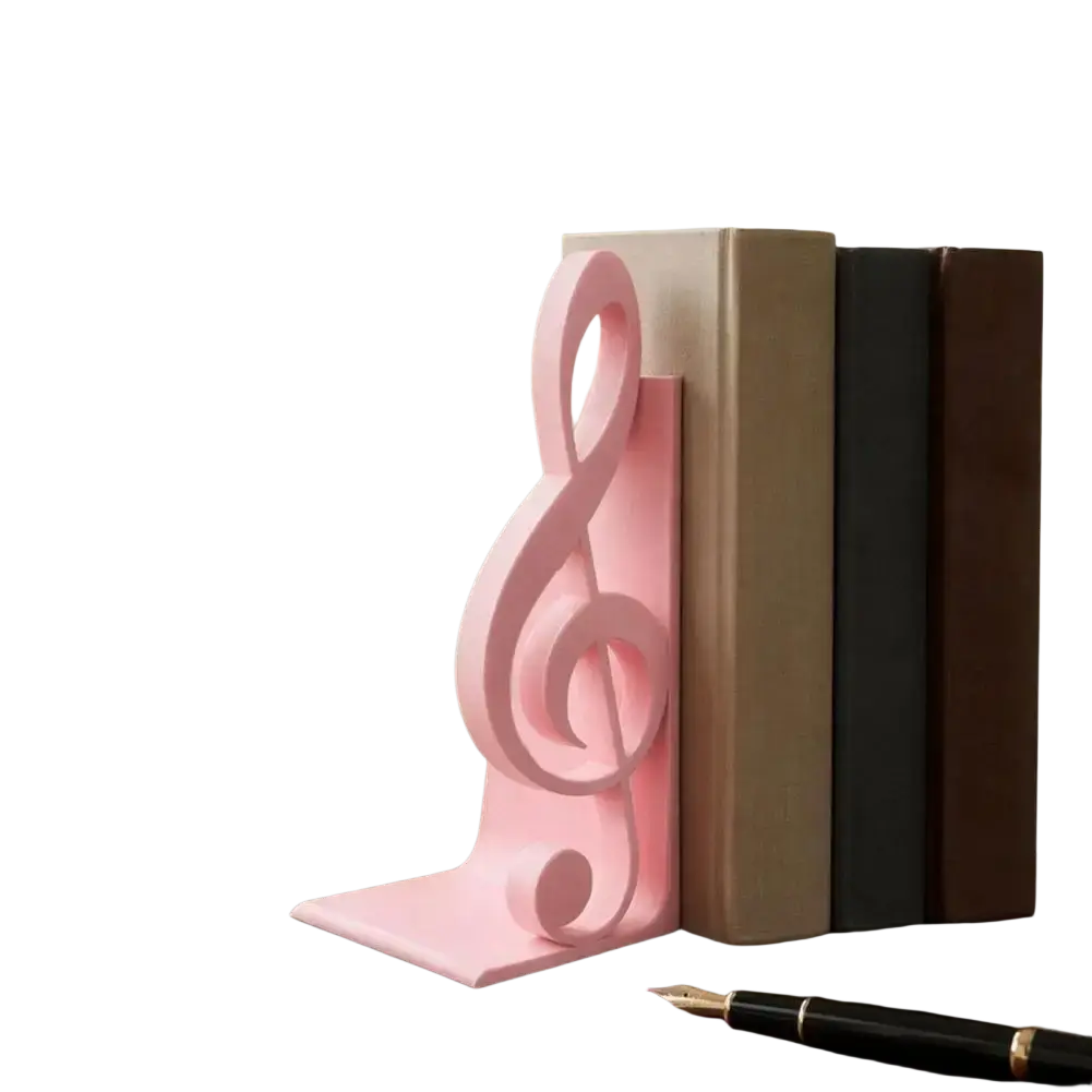 Pink 3d printed plastic treble clef bookend used as music decor to organize books and enhance shelves