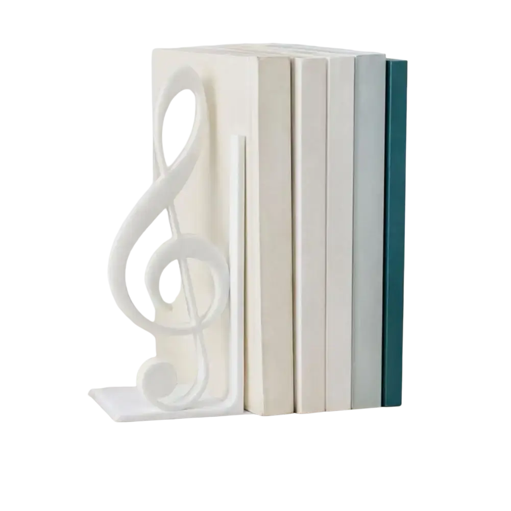 White ceramic treble clef bookend 3d printed music decor for holding books upright on shelves or desks