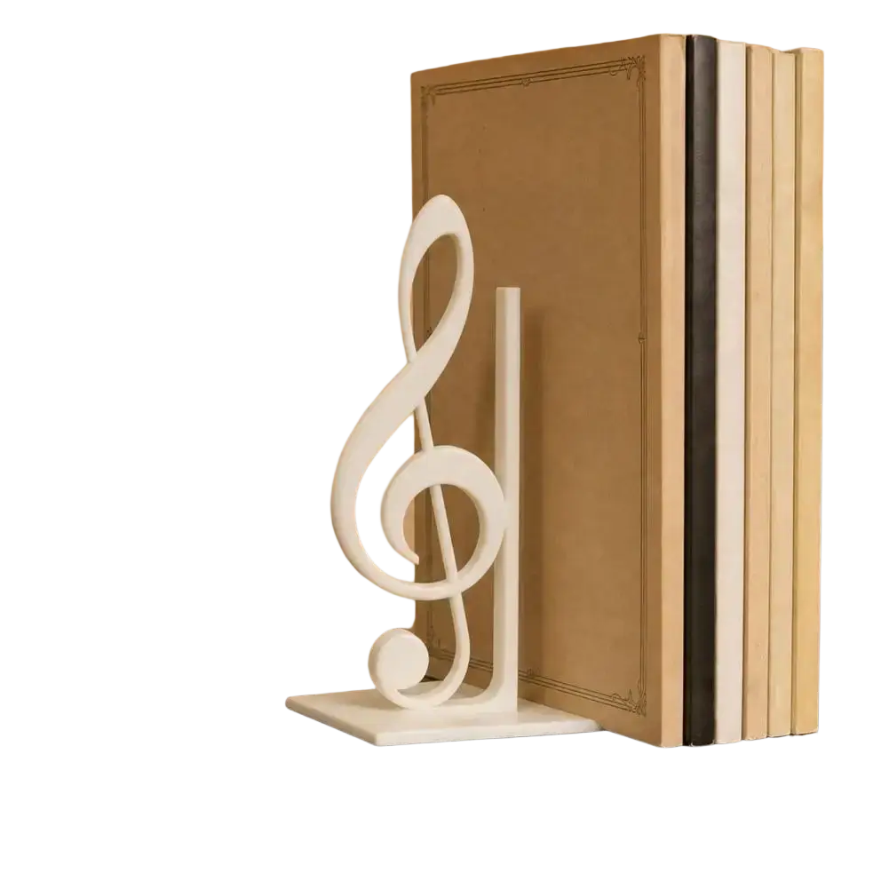 White plastic treble clef 3d printed bookend for music decor and organizing books on shelves