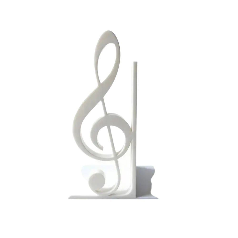 White plastic 3d printed treble clef bookend designed as music decor for holding books upright