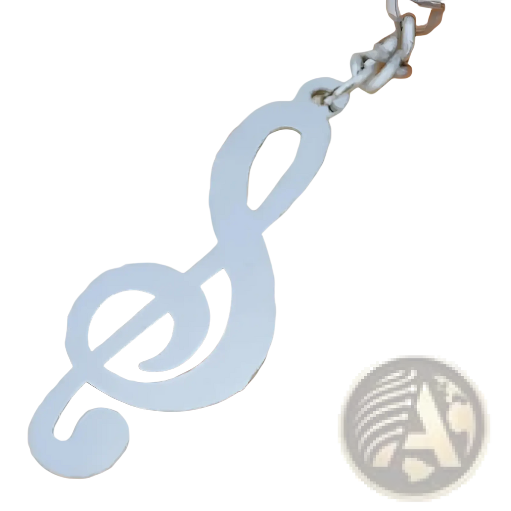 Silver metal treble clef music note keychain featuring a sleek metallic finish and cut-out design