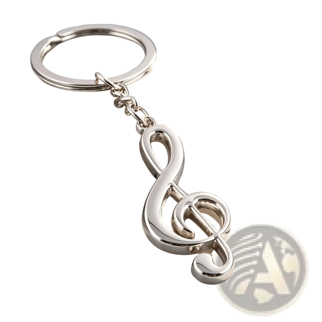 Shiny silver metal keychain featuring a detailed treble clef music note design for music lovers