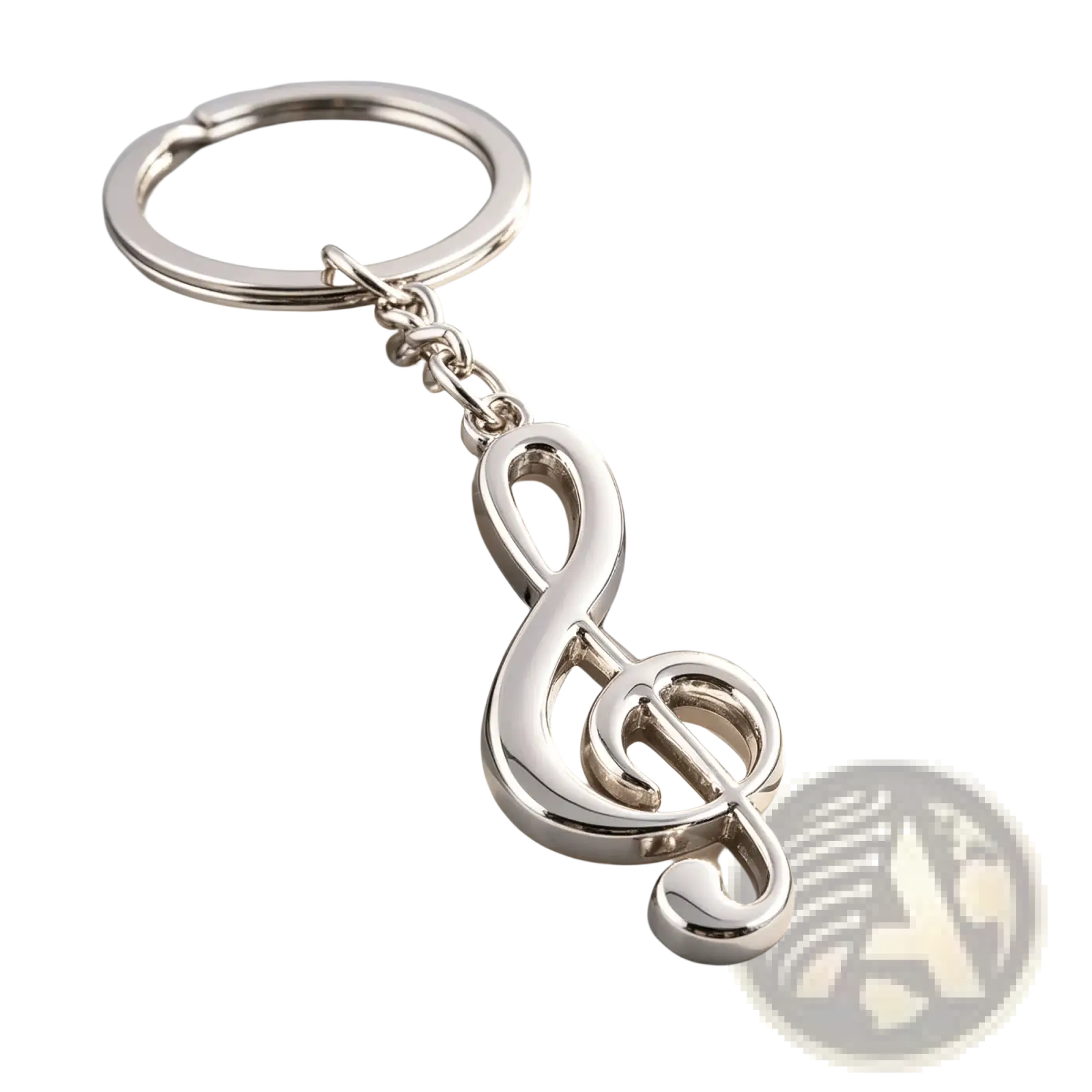 Shiny silver metal keychain featuring a detailed treble clef music note design for music lovers
