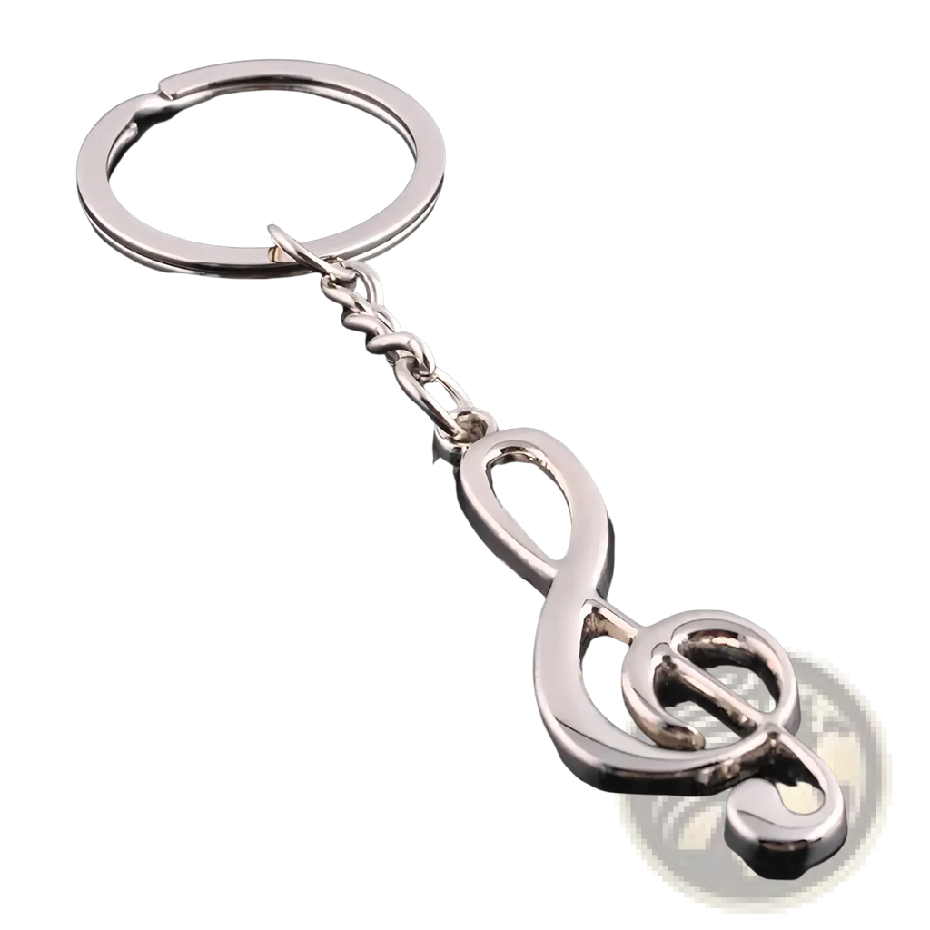 Shiny silver metal treble clef music note keychain featuring a detailed charm for music lovers