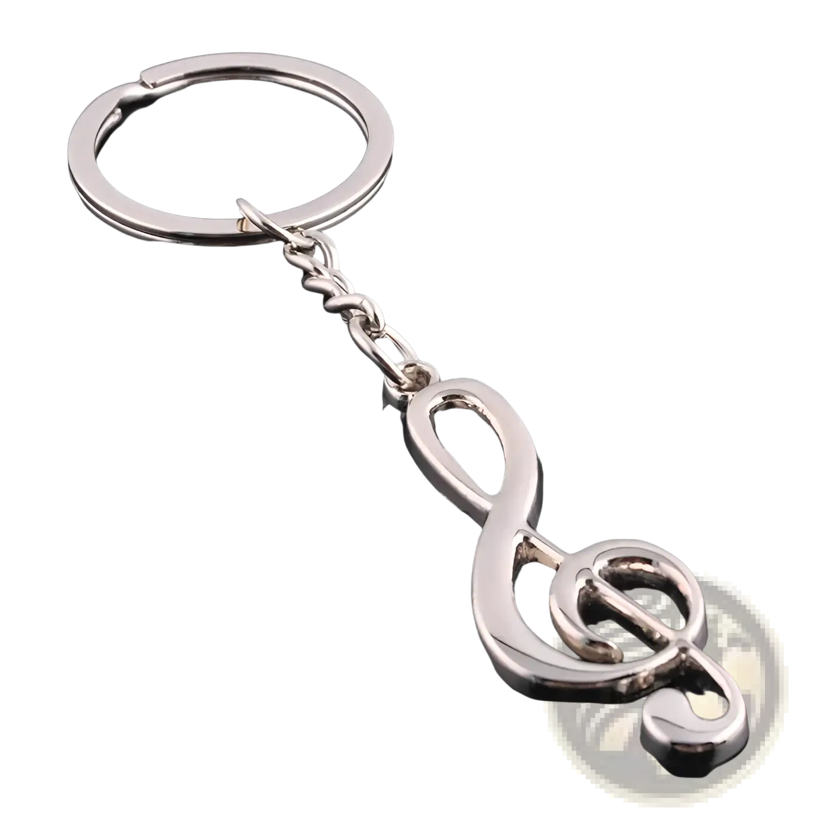 Shiny silver metal treble clef music note keychain featuring a detailed charm for music lovers