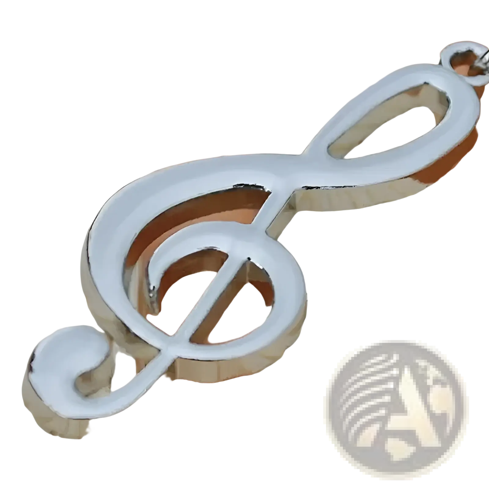 Shiny silver treble clef music note keychain with polished metallic finish made of silver metal