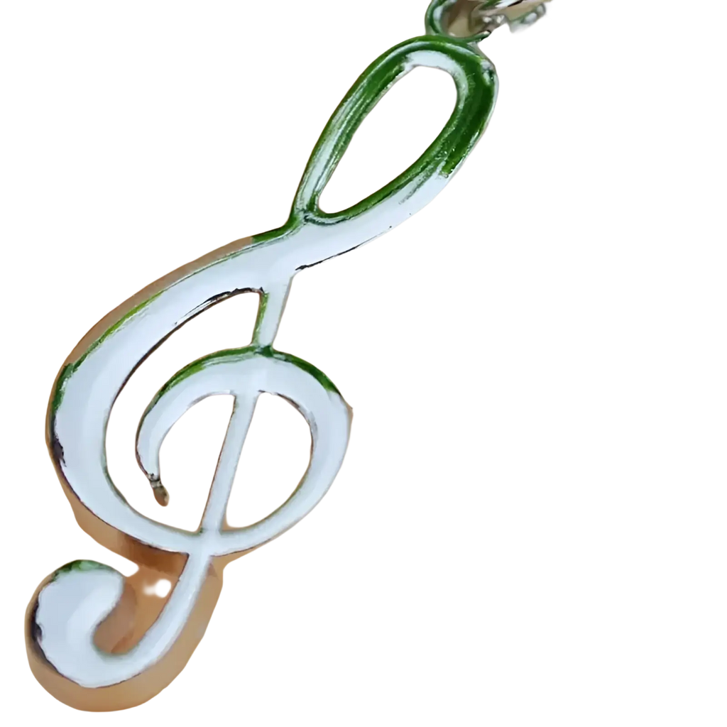 Silver and green metallic treble clef music note keychain with polished reflective finish in silver metal