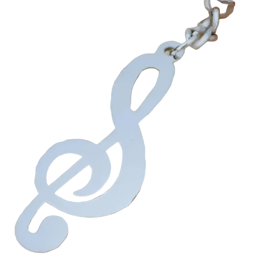 Silver metal treble clef music note keychain featuring a sleek metallic finish and cut-out design