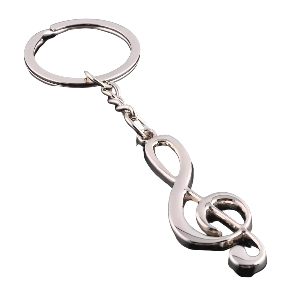 Shiny silver metal treble clef music note keychain featuring a detailed charm for music lovers
