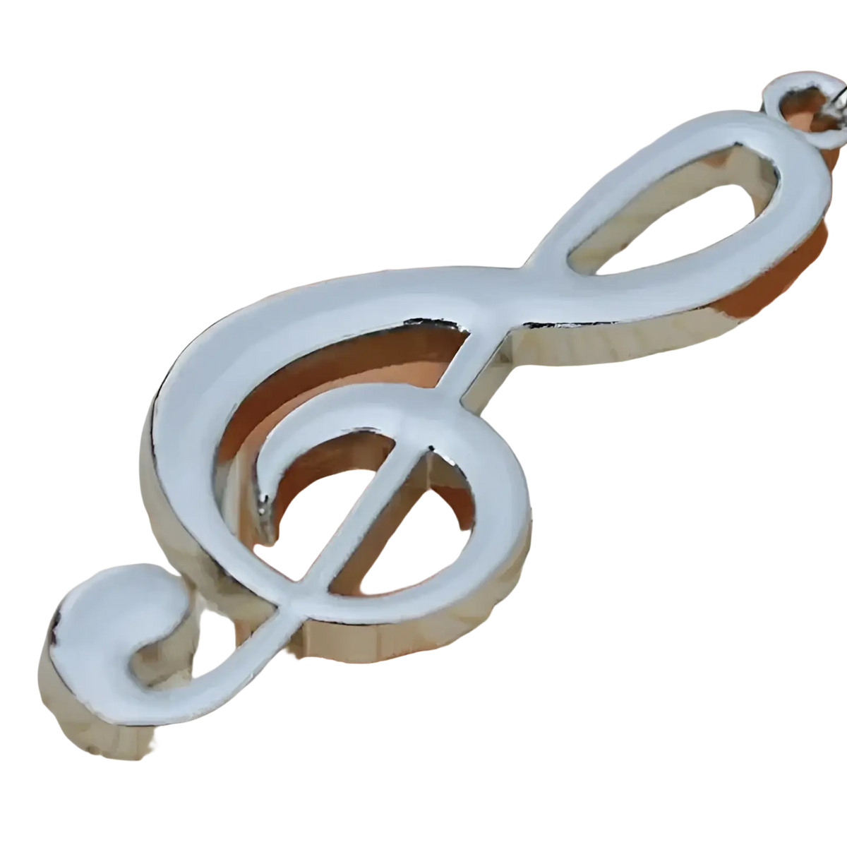 Shiny silver treble clef music note keychain with polished metallic finish made of silver metal