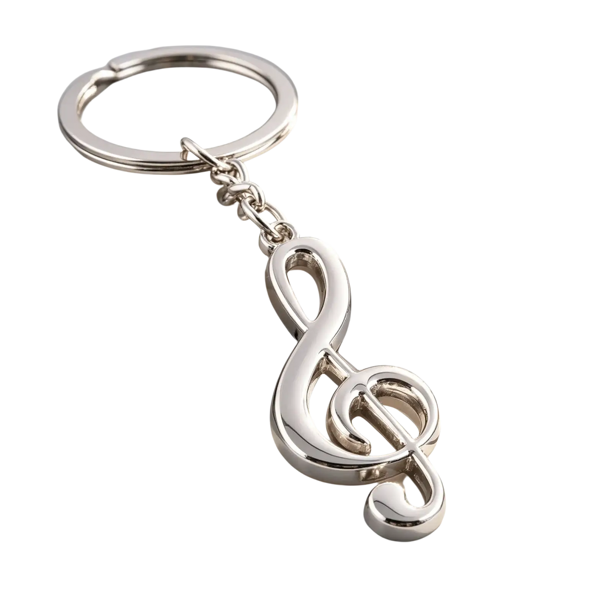 Shiny silver metal keychain featuring a detailed treble clef music note design for music lovers