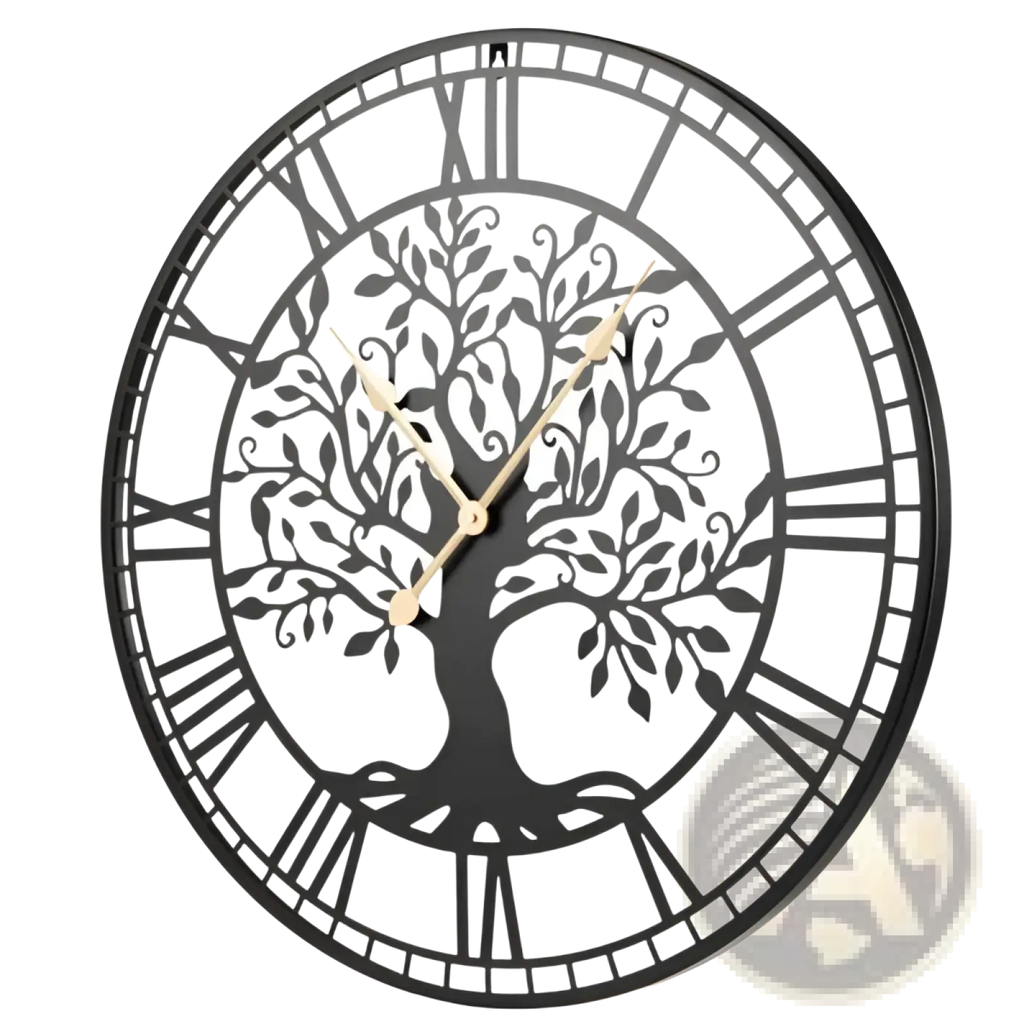 Black metal wall clock with intricate tree of life design roman numerals and gold toned hands 27 inch