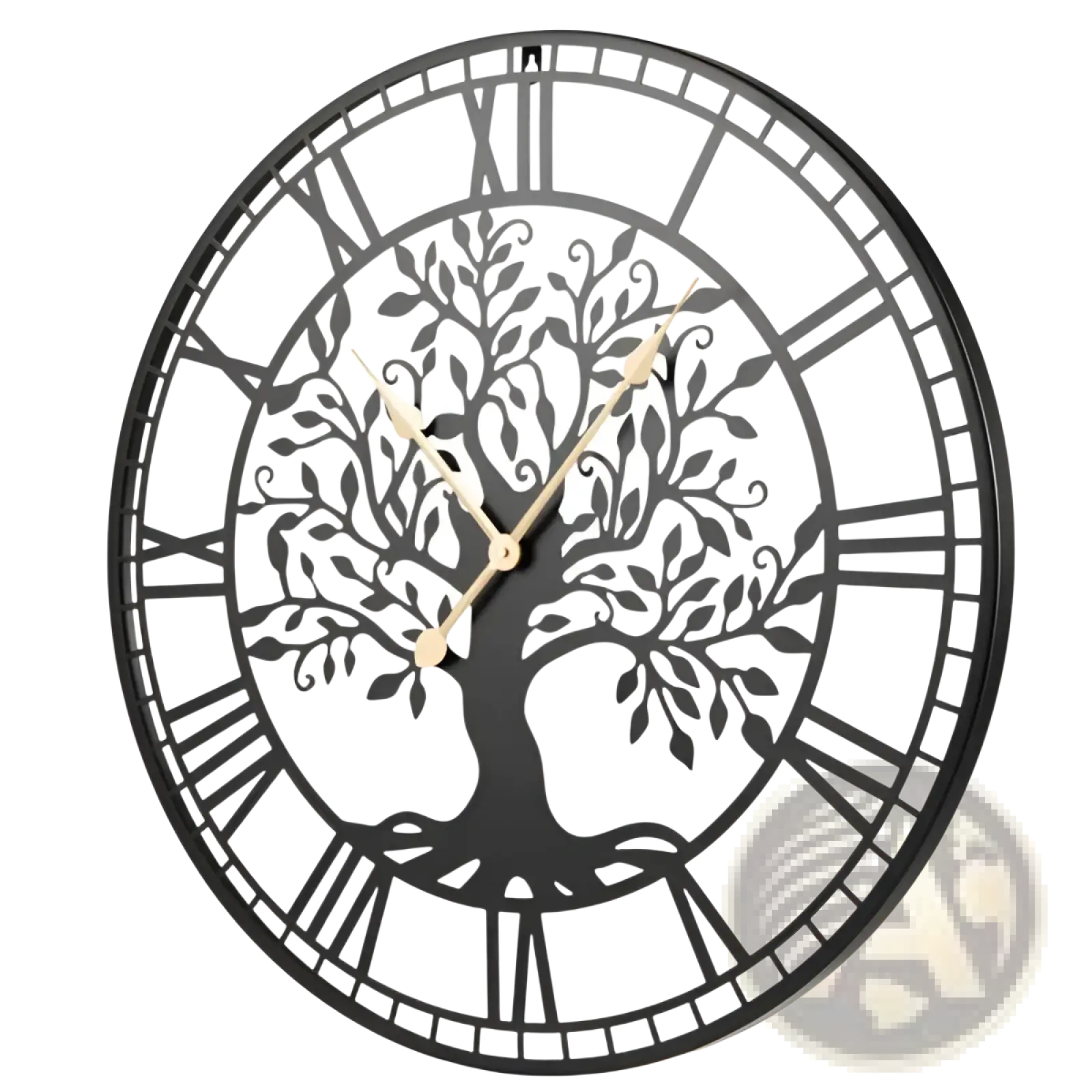 Black metal wall clock with intricate tree of life design roman numerals and gold toned hands 27 inch