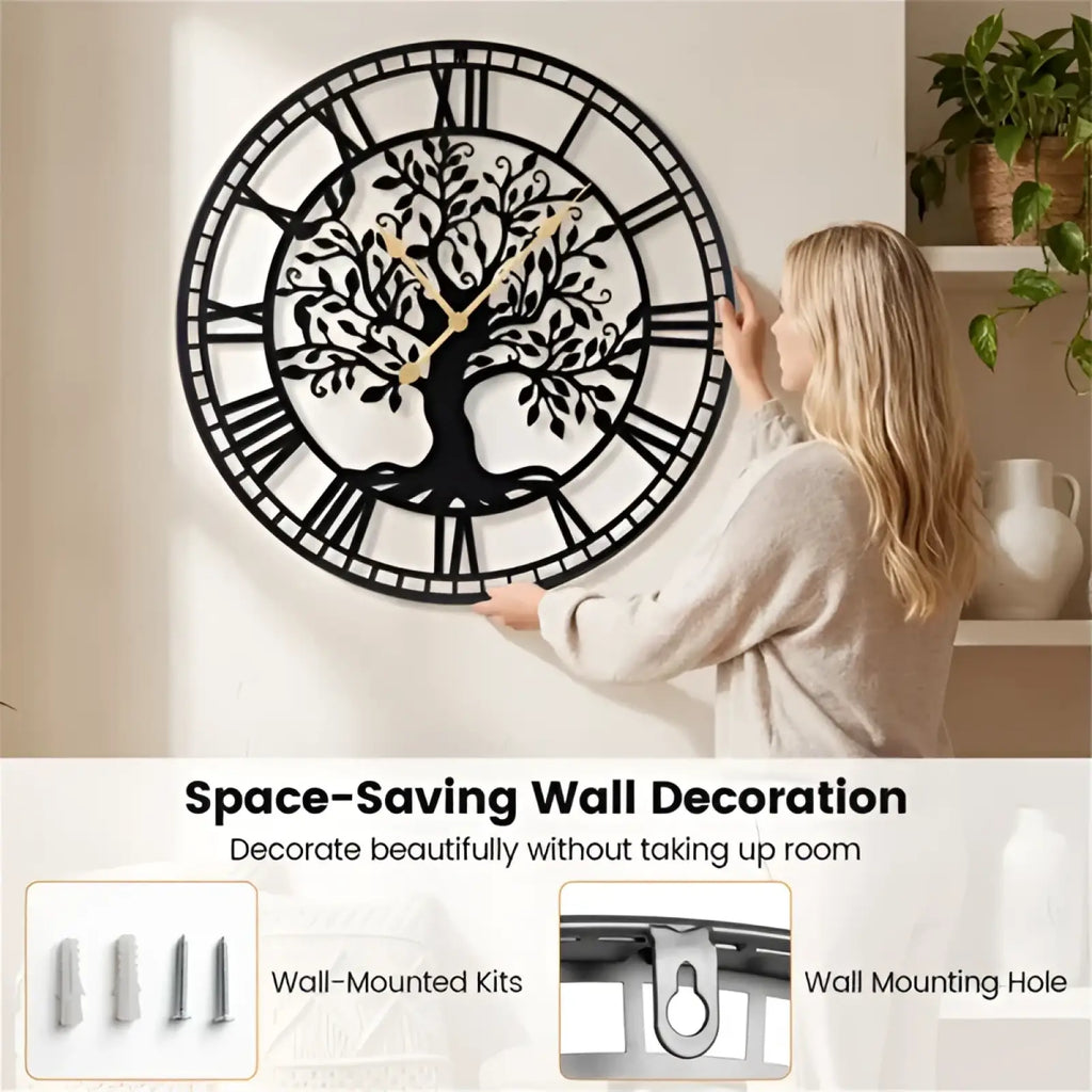 Tree of life wall clock 27 inch black metal with intricate design roman numerals and gold-toned hands