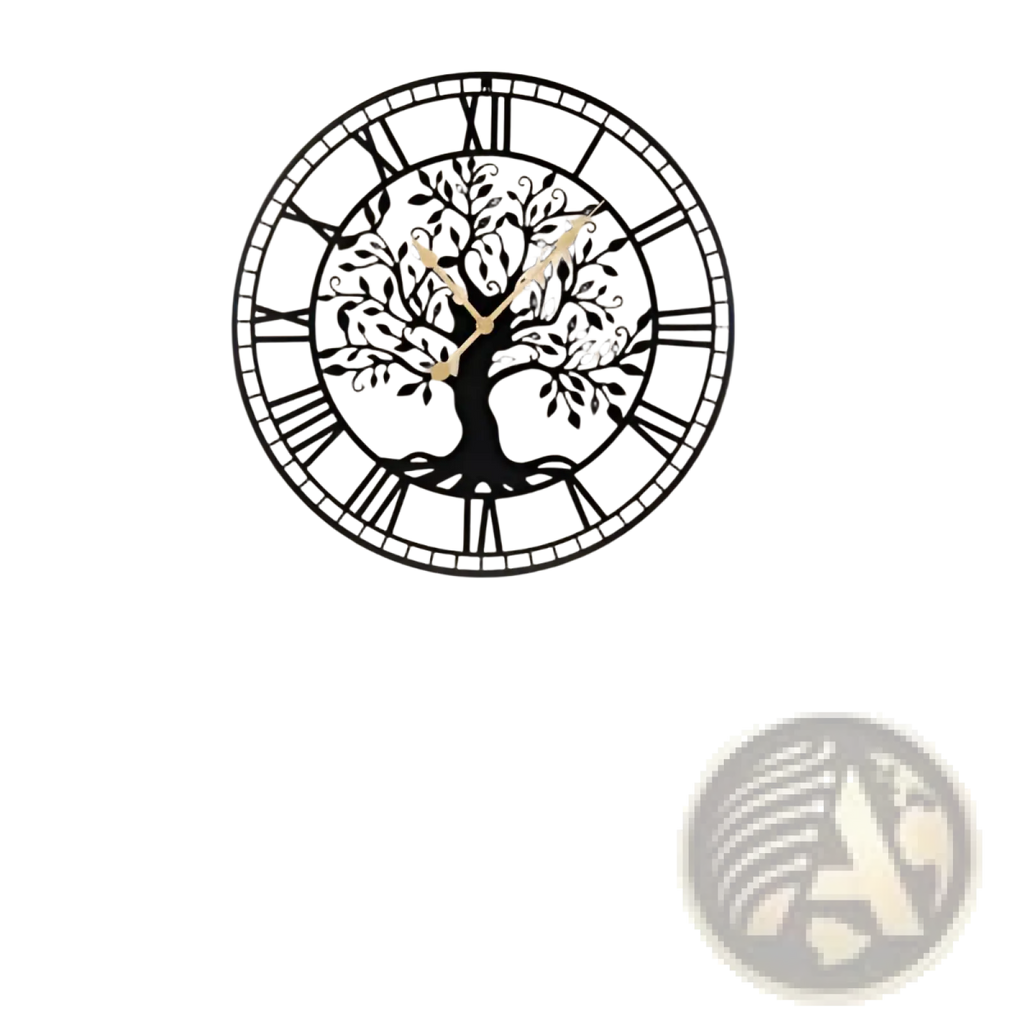 Black metal wall clock with intricate tree of life design roman numerals and gold toned hands 27 inch size