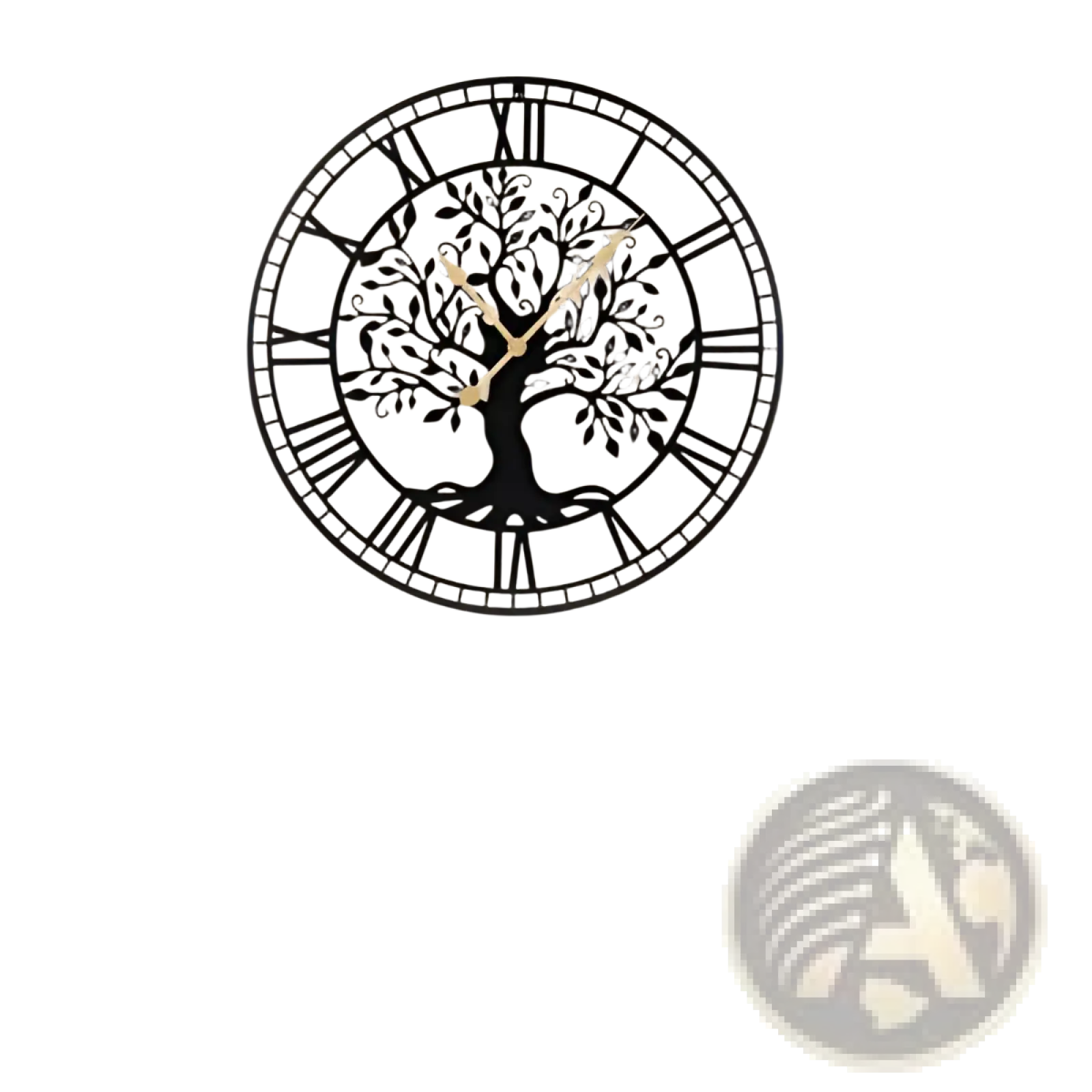 Black metal wall clock with intricate tree of life design roman numerals and gold toned hands 27 inch size
