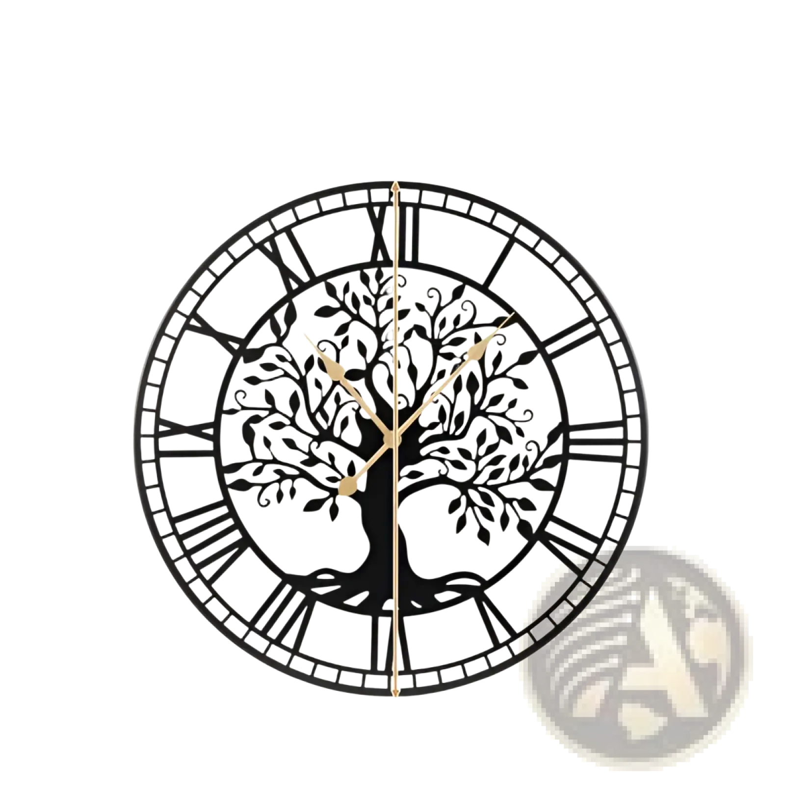 27-inch black metal wall clock with intricate tree of life design roman numerals and gold-toned hands