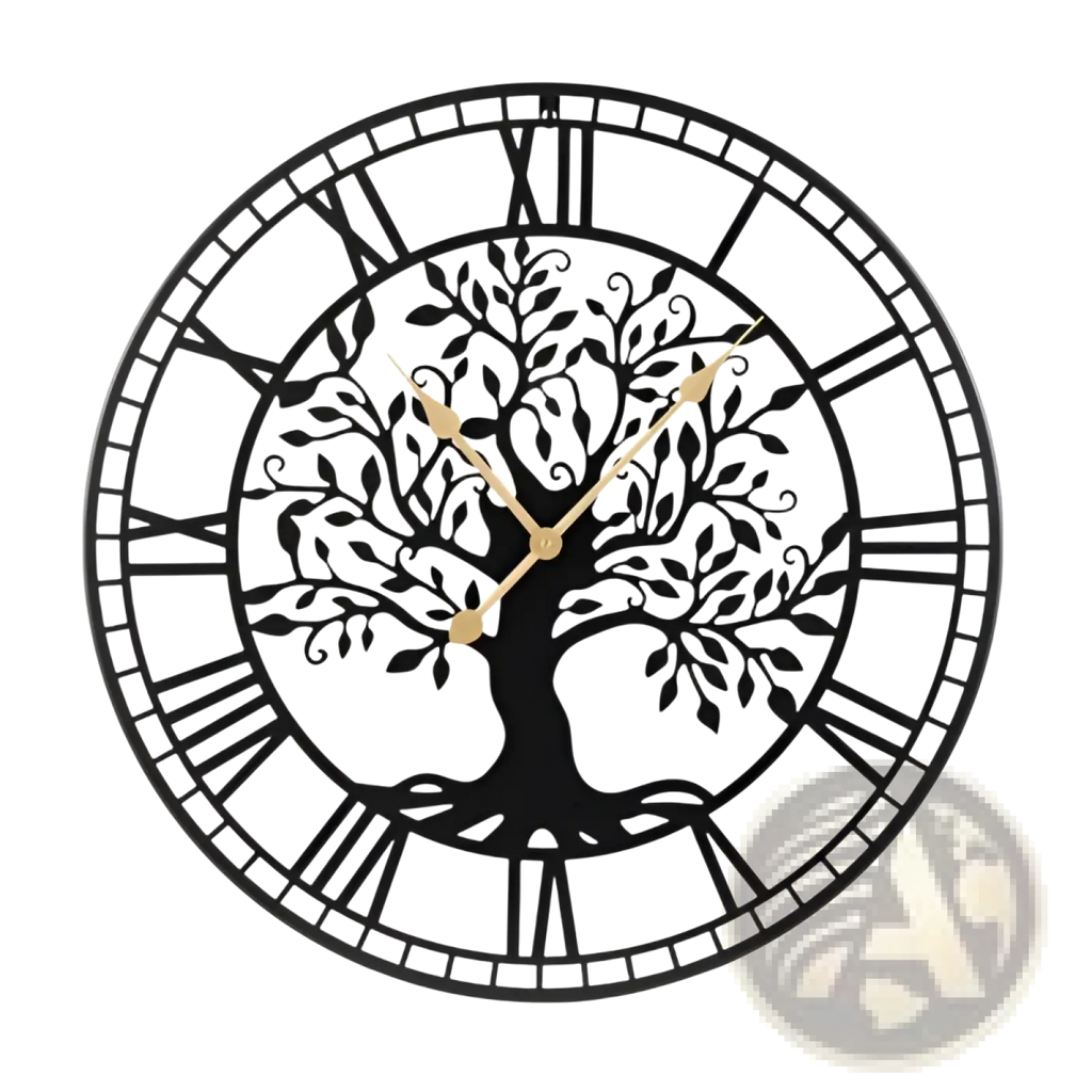 Black metal wall clock 27 inch with intricate tree of life design roman numerals and gold toned hands