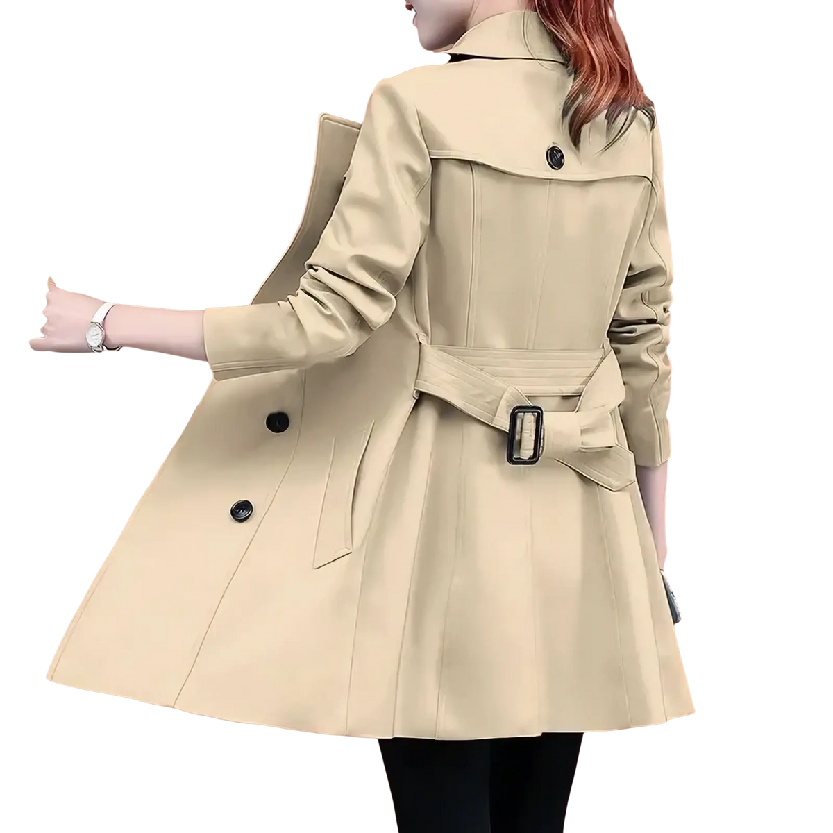 Beige trench coat midi length double breasted women with black buttons and matching belt featuring rectangular buckle